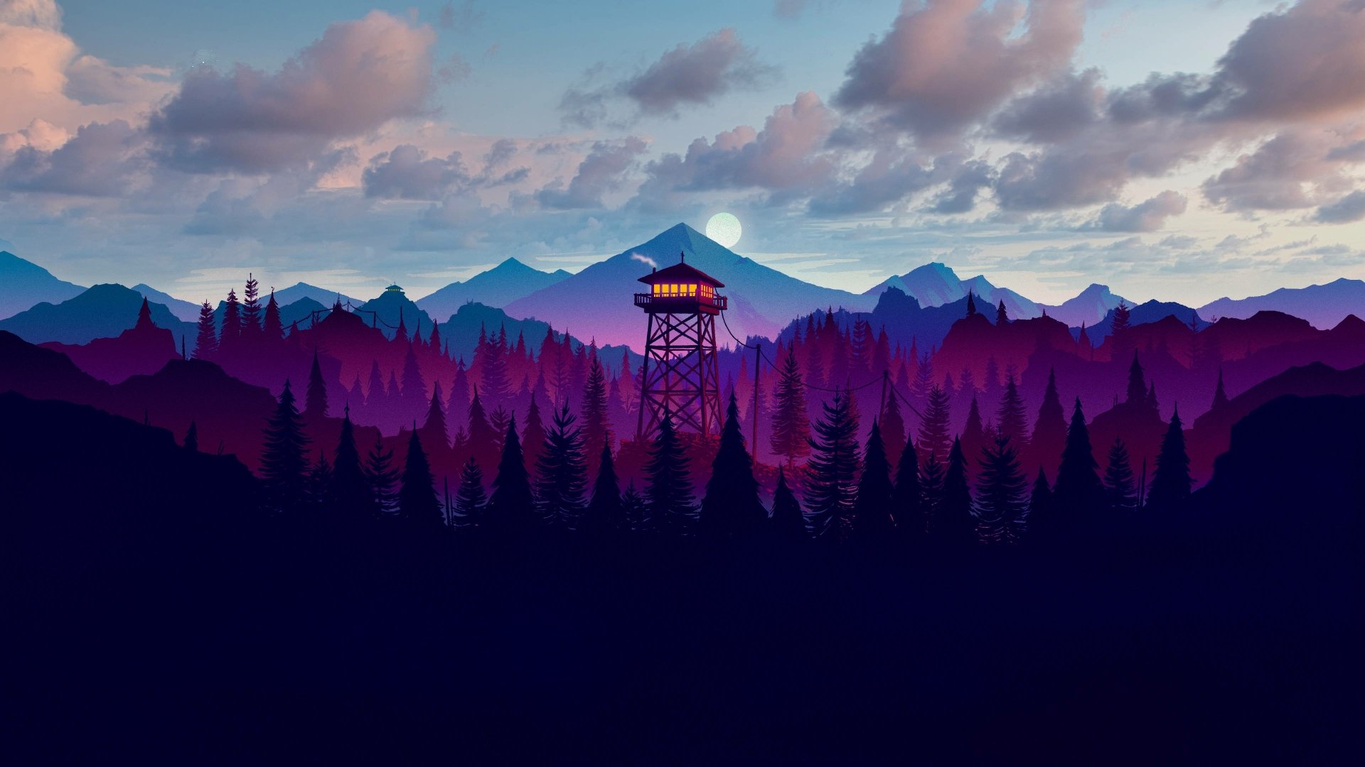 4K Ultra HD Firewatch video game wallpaper featuring a forest landscape with a lookout tower against a backdrop of mountains and a colorful sky.