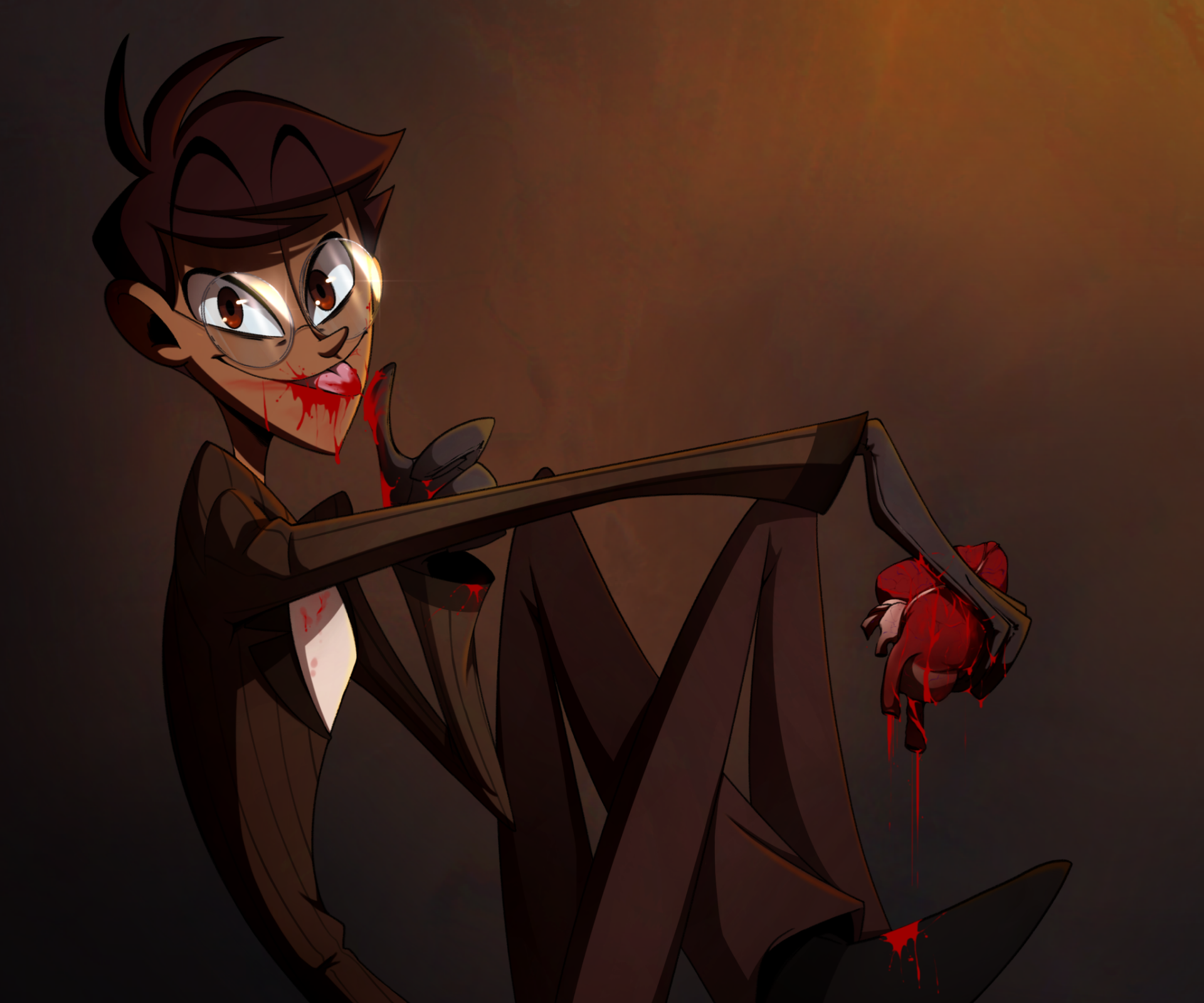 HD desktop wallpaper featuring Alastor from the TV show Hazbin Hotel, depicted with a wide grin and holding a dripping heart against a dark background.