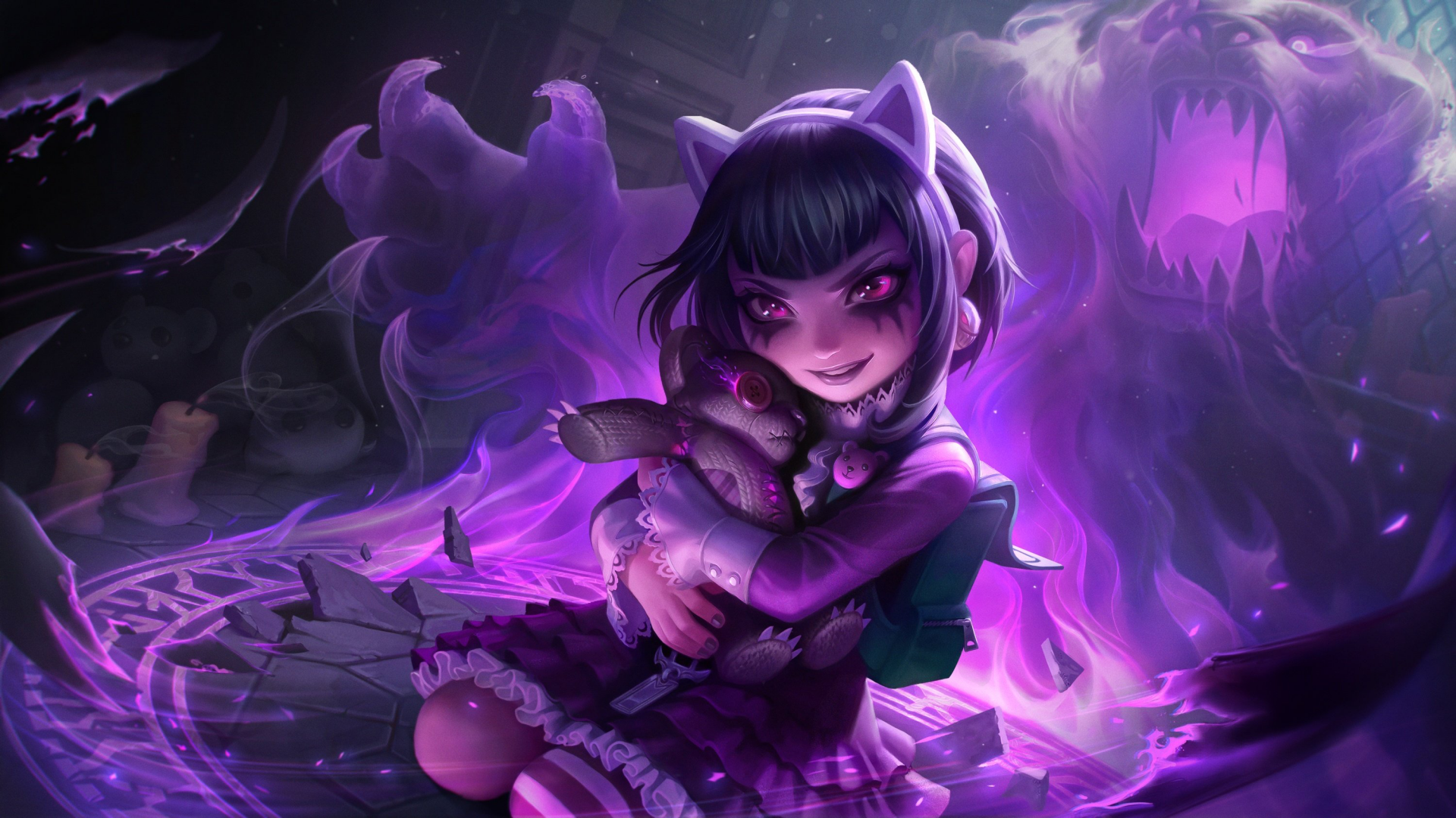 HD PC desktop wallpaper featuring Annie from League of Legends, depicted with dark purple tones and her iconic bear Tibbers in a mystical, eerie setting.