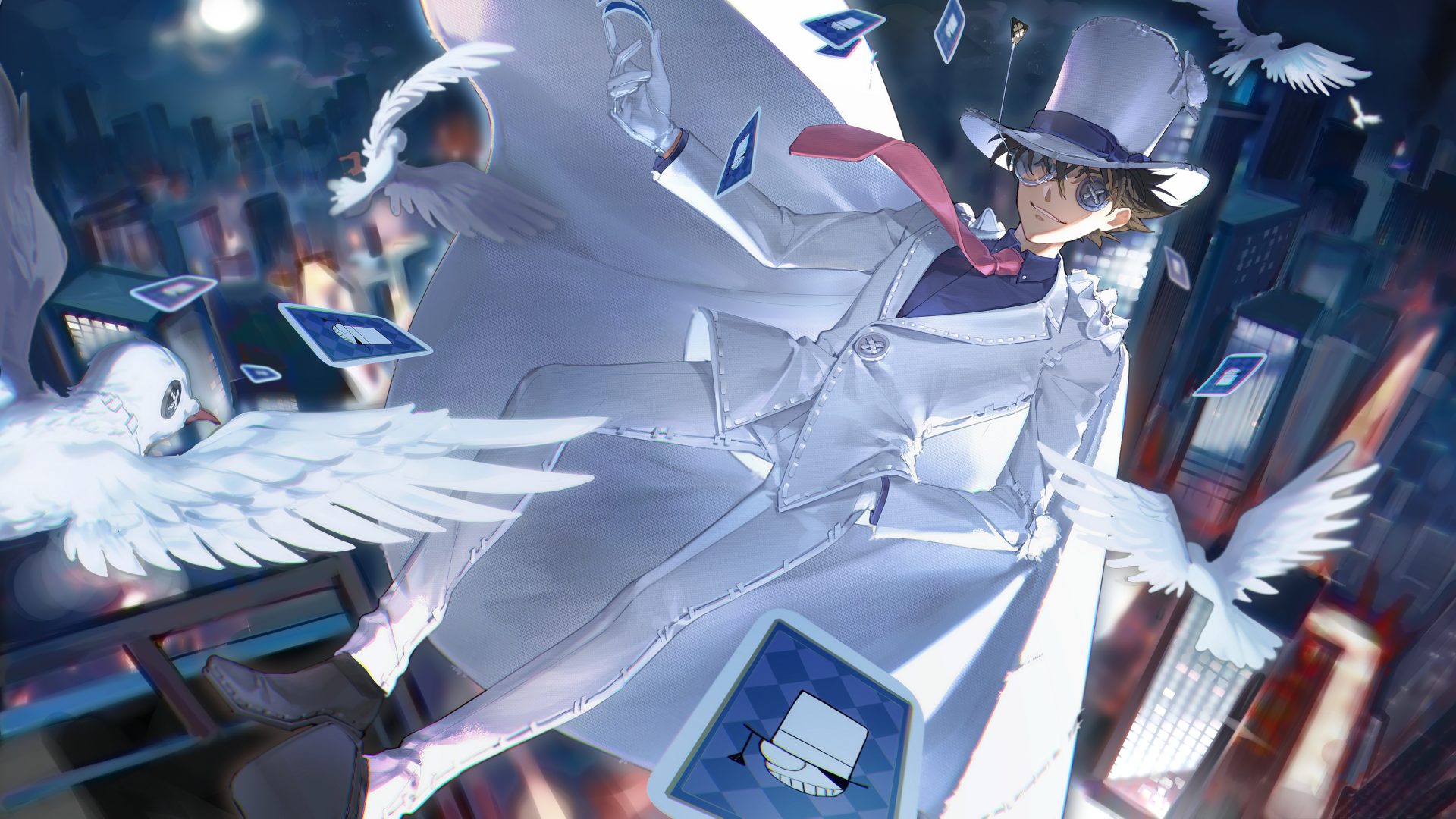 HD anime desktop wallpaper featuring Kaito Kuroba from Detective Conan, dressed in white with a top hat, surrounded by doves and floating cards over a cityscape at night.