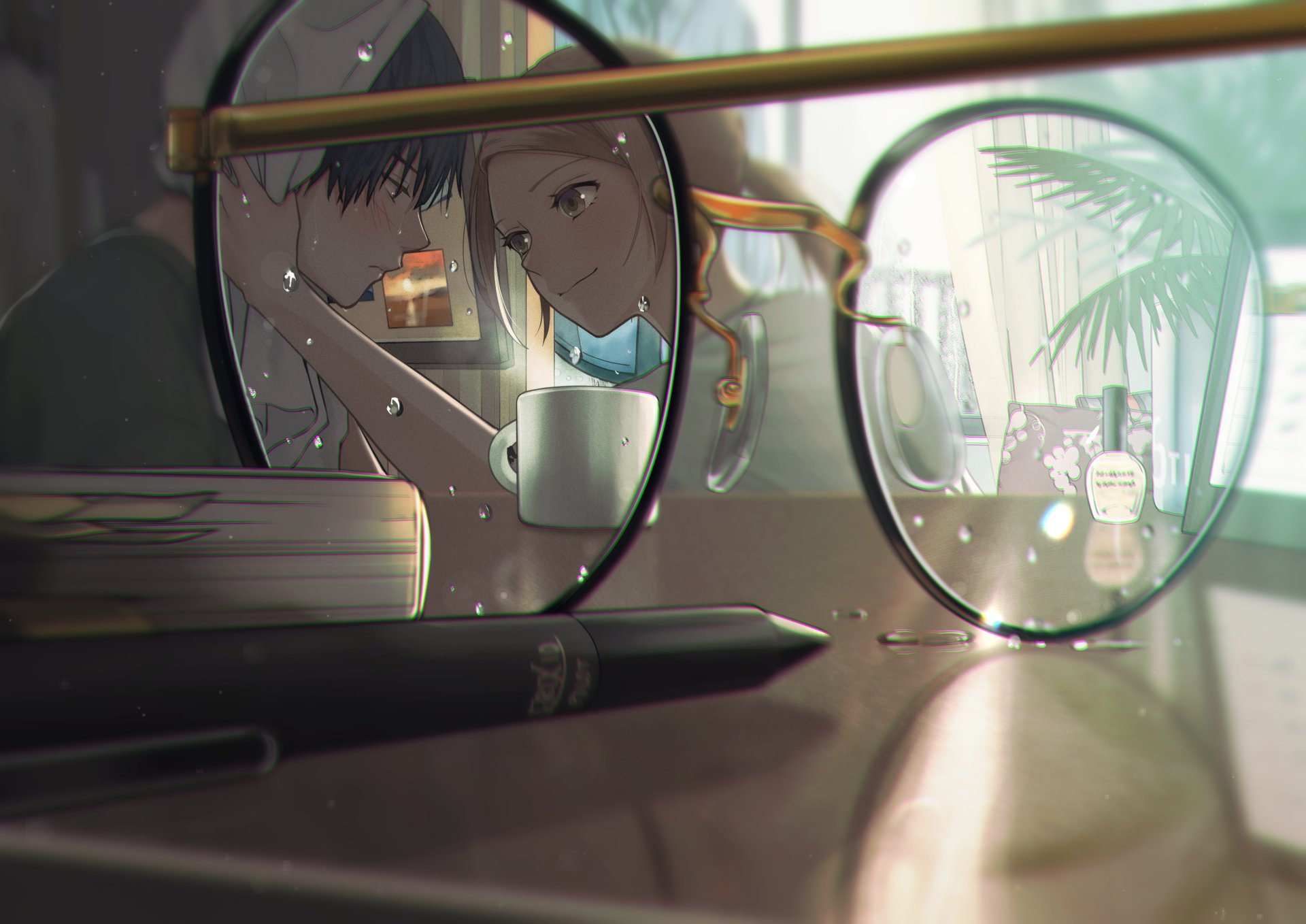 A 4K Ultra HD anime couple with glasses reflected on a window, captured in a cozy indoor setting, creating a vivid and intimate PC desktop wallpaper background.