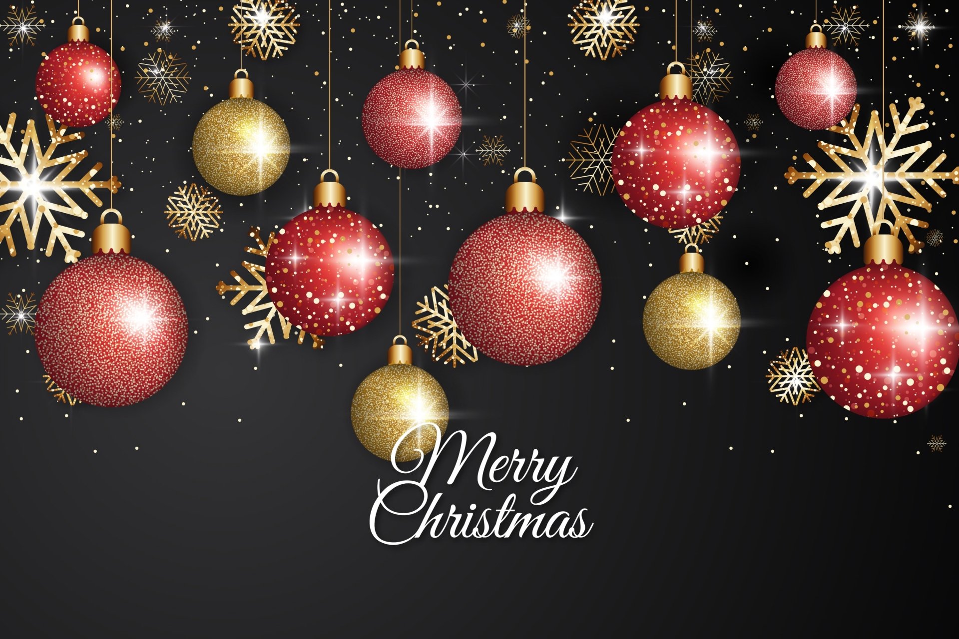 HD Christmas desktop wallpaper featuring red and gold baubles hanging against a dark background, accented with golden snowflakes and Merry Christmas text.