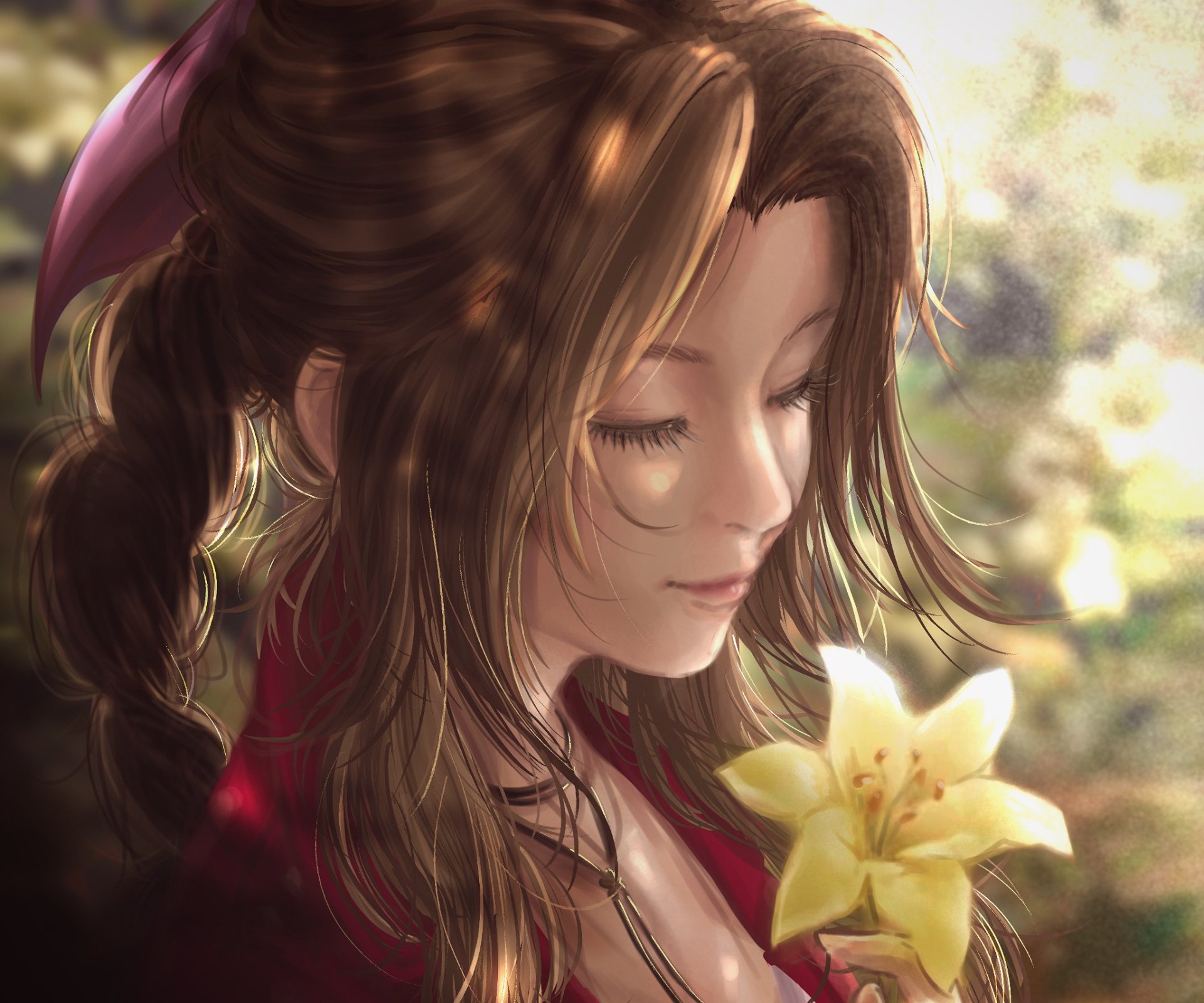 HD PC desktop wallpaper: Anime portrait of Aerith Gainsborough (Final Fantasy VII), eyes closed, soft sunlight on her face and braided hair, gently holding a glowing yellow flower.