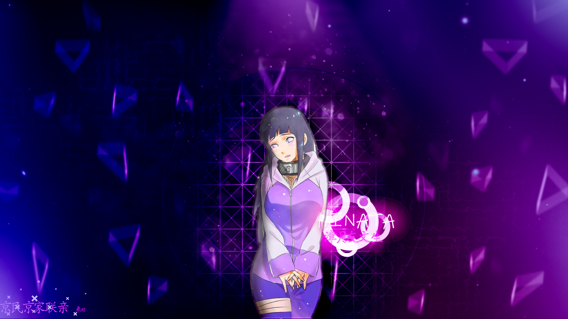 4K Ultra HD anime wallpaper featuring Hinata Hyuga from Naruto, set against a vibrant purple geometric background with glowing effects for PC desktop use.