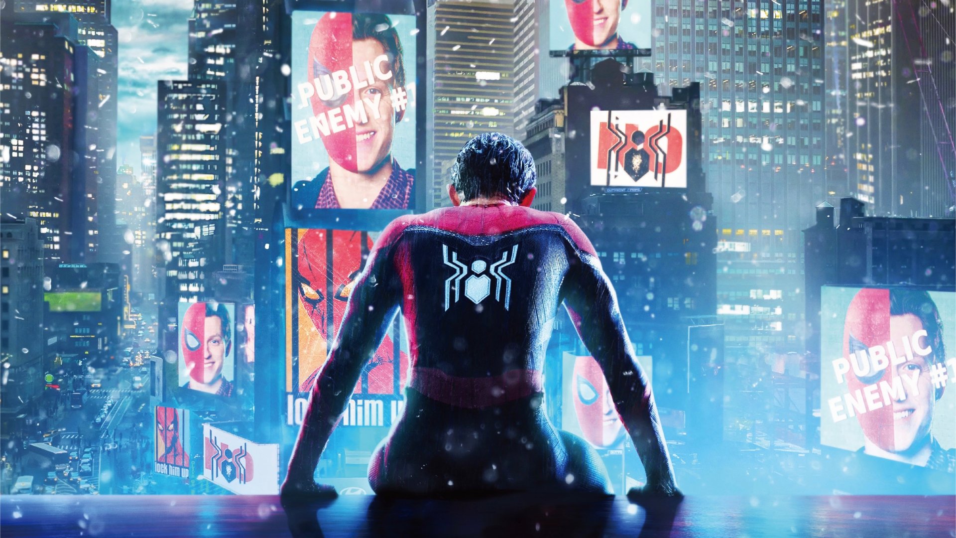 HD desktop wallpaper featuring Spider-Man, Peter Parker, from the movie Spider-Man: No Way Home overlooking a futuristic cityscape at night.