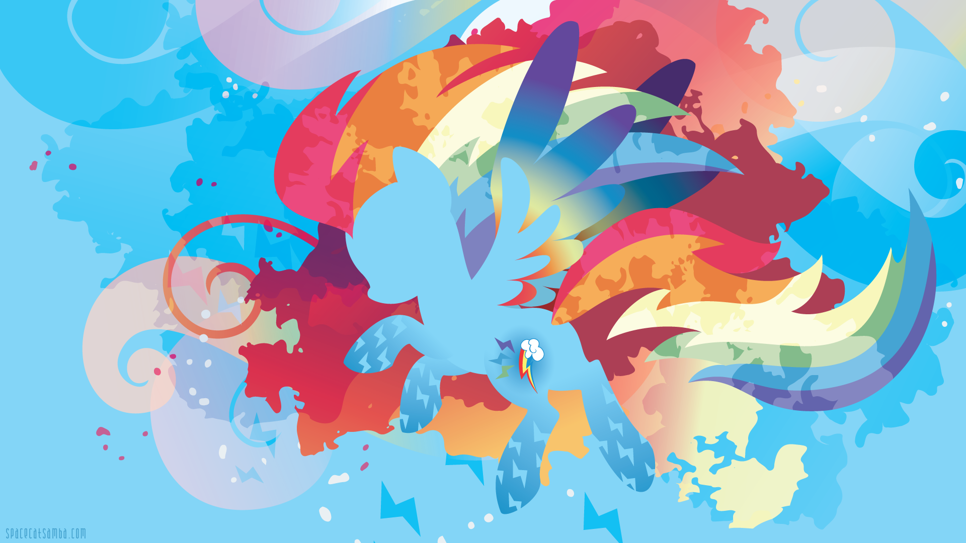 Minimalist 4K UHD PC wallpaper of Rainbow Dash from the TV show My Little Pony: Friendship Is Magic - stylized silhouette with rainbow mane and wings against abstract blue and orange splashes.