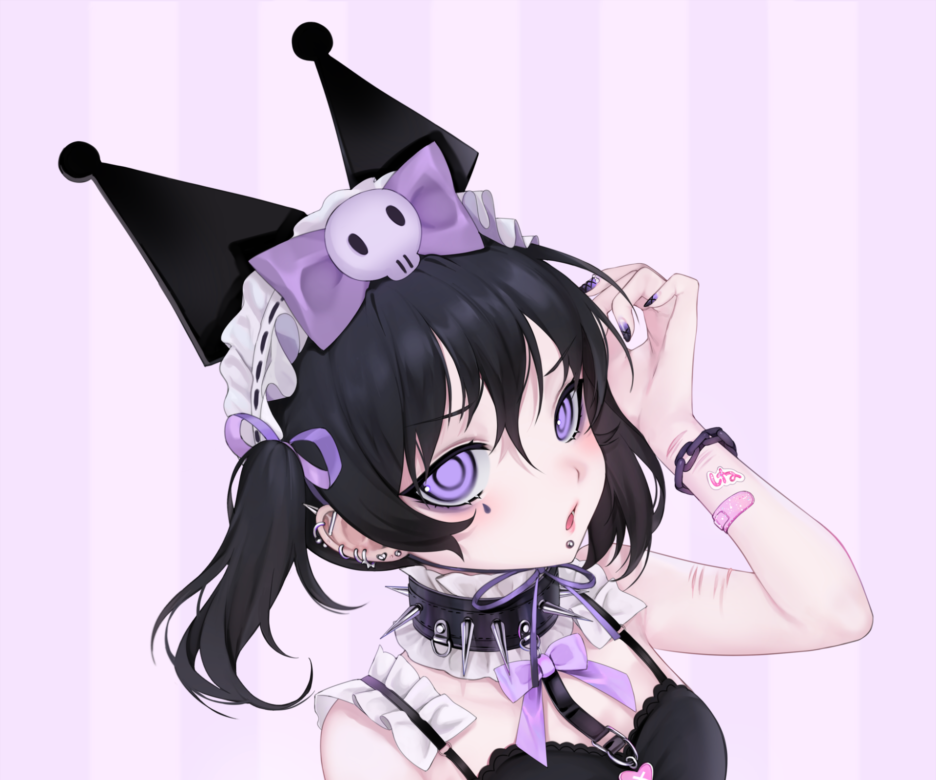 HD PC wallpaper: Kuromi (Onegai My Melody) anime portrait — black jester hat with skull, purple bow, violet eyes and choker against a soft pastel striped background.
