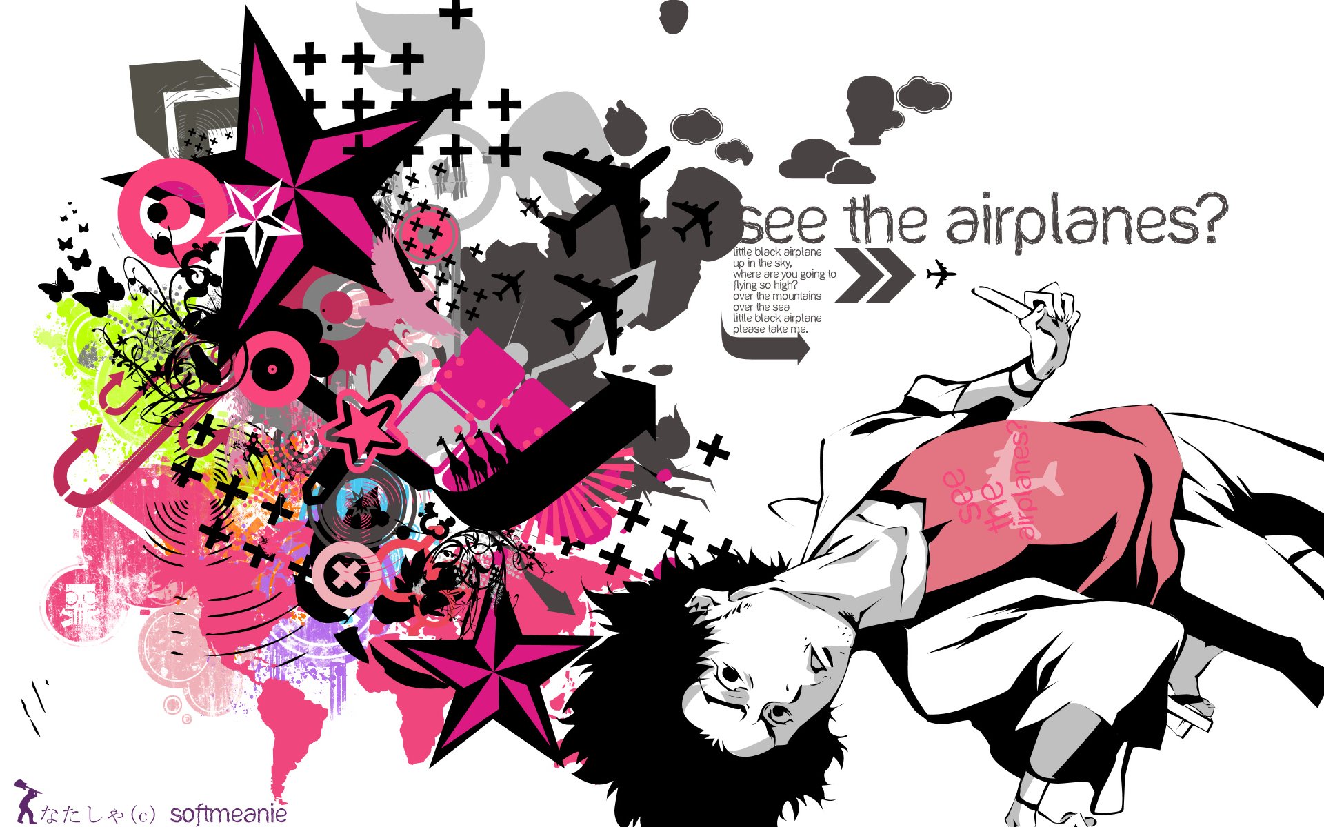 HD PC desktop wallpaper: Samurai Champloo anime artwork — white background with a reclining samurai, pink-and-black star motifs, airplane silhouettes and grunge splashes.