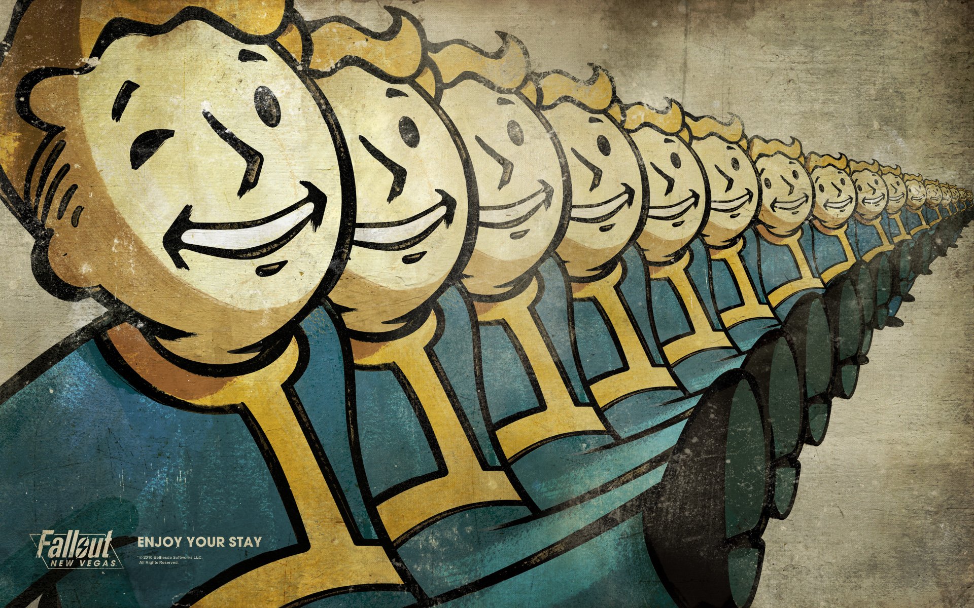 HD PC desktop wallpaper featuring the iconic Vault Boy mascot from the Fallout video game series, depicted in a repeating lineup on a textured background.