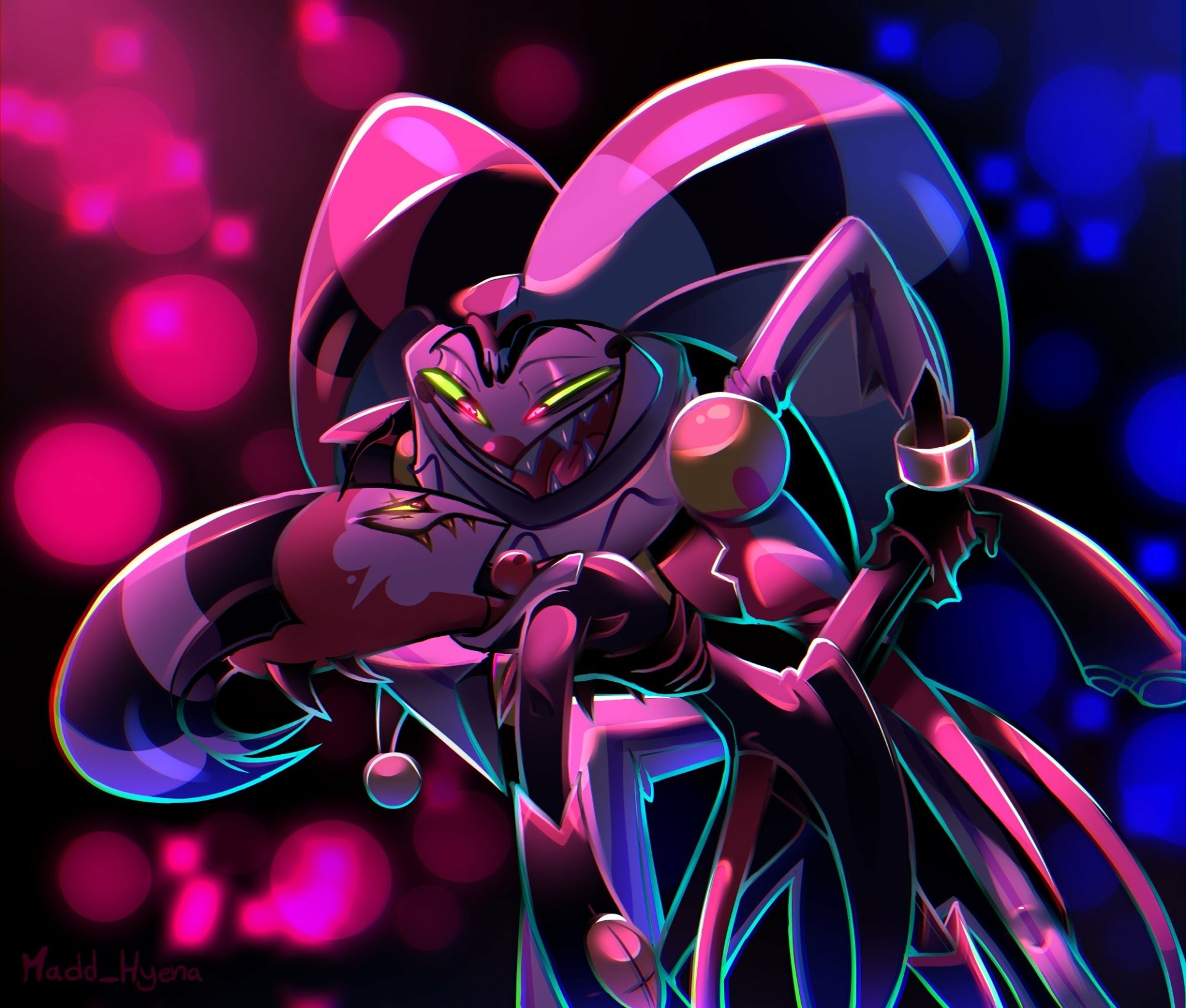 HD desktop wallpaper featuring Fizzarolli and Blitzo from the TV show Helluva Boss with vibrant neon lighting and dynamic poses.