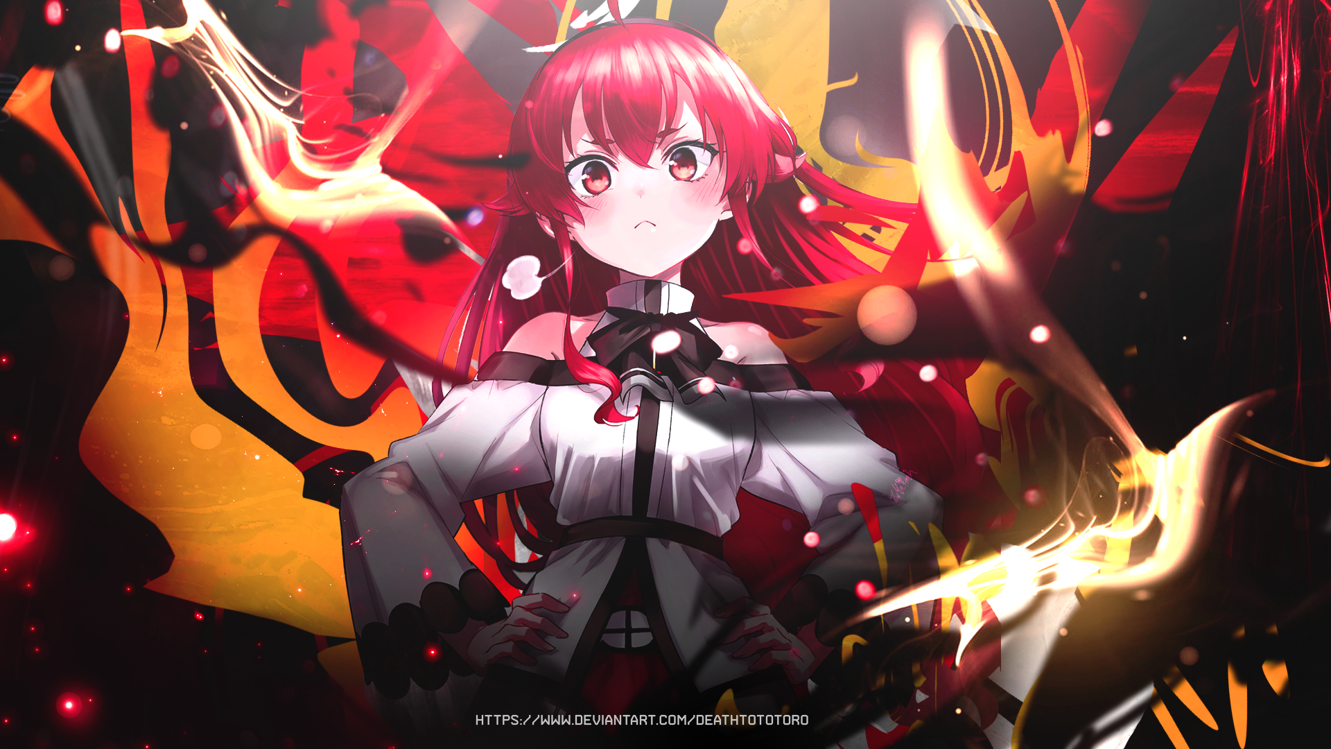 HD anime desktop wallpaper featuring Eris Boreas Greyrat from Mushoku Tensei: Jobless Reincarnation, surrounded by fiery effects and intense red and orange hues.