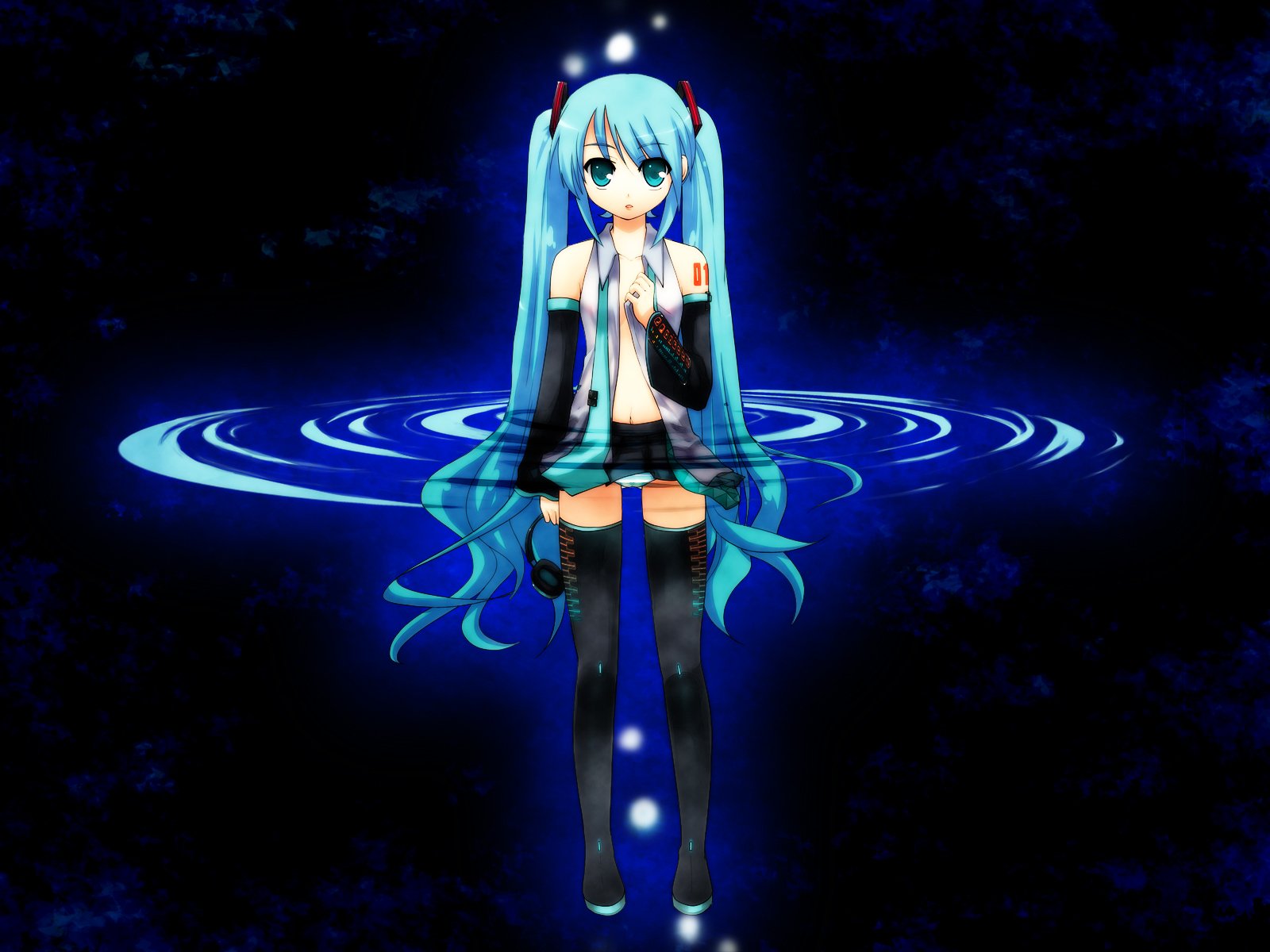 HD PC desktop wallpaper featuring Hatsune Miku, the iconic anime Vocaloid character, standing with glowing blue digital rings in a dark, futuristic background.