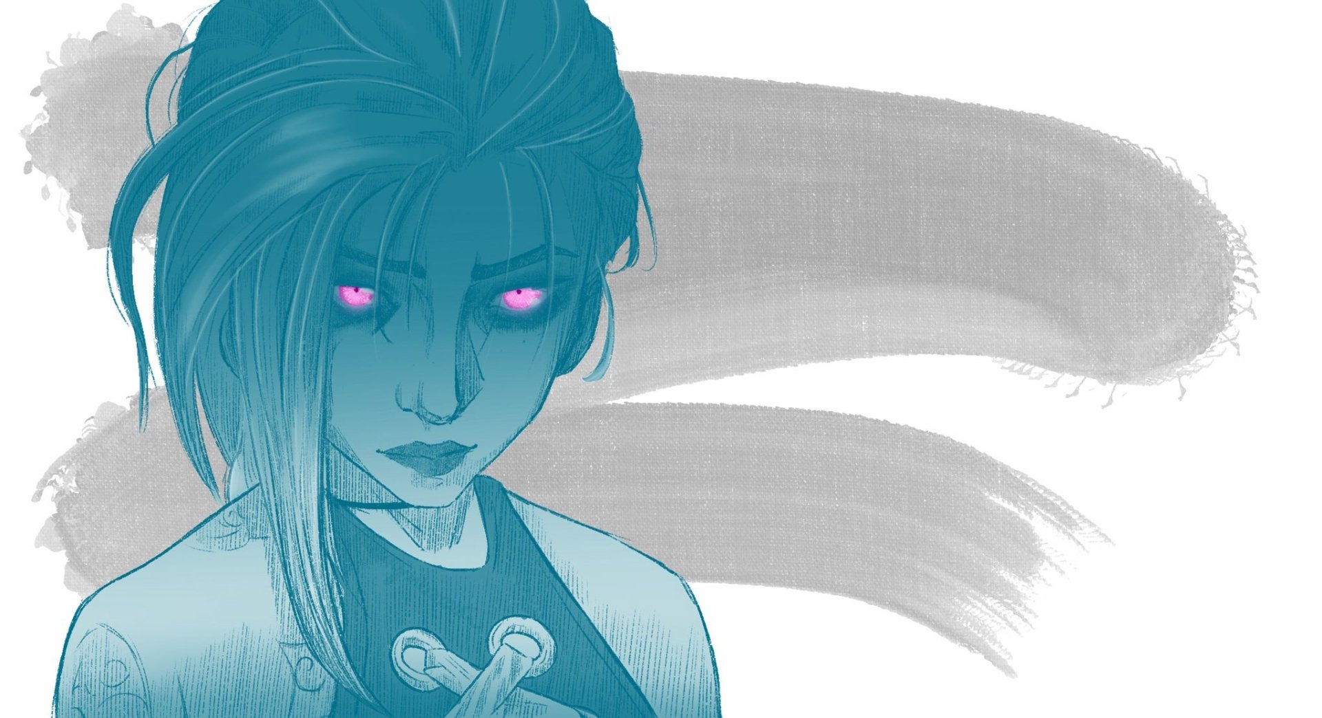 HD desktop wallpaper featuring Jinx from the League of Legends TV show Arcane, depicted with glowing pink eyes and a stylized blue-gray background.