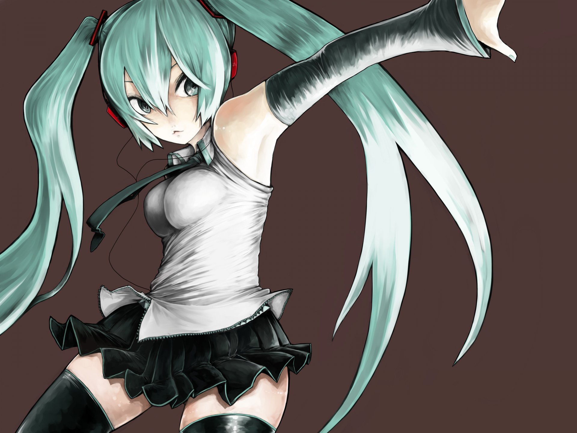 HD anime desktop wallpaper featuring Hatsune Miku from Vocaloid in dynamic pose with teal twin-tails and monochrome outfit against a dark background.