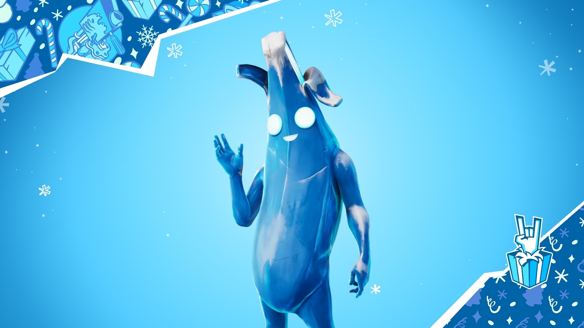HD Fortnite PC desktop wallpaper featuring a blue character with glowing eyes against a snowy, winter-themed background.