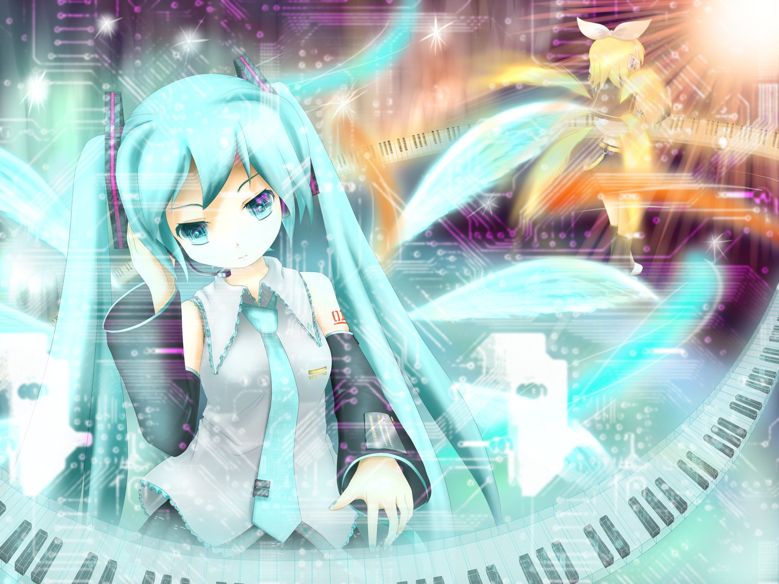 A vibrant HD wallpaper featuring Rin Kagamine at the piano with Hatsune Miku, blending dynamic colors and musical elements, celebrating the essence of anime and Vocaloid culture.