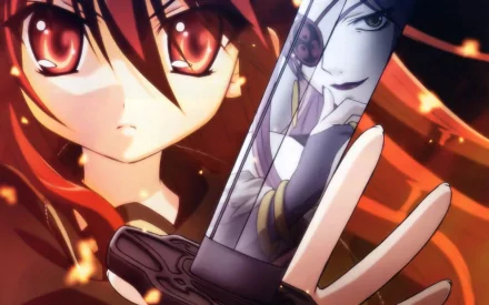 HD PC desktop wallpaper featuring a close-up of an intense Shakugan No Shana anime character holding a reflective blade with fiery orange and red tones.