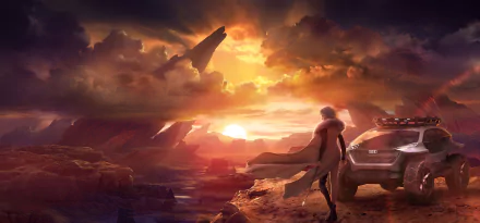 Anime 4K Ultra HD PC desktop wallpaper and background — Ling Long: Incarnation: a cloaked figure by a car on a cliff gazes at a fiery alien sunset with distant floating ships.