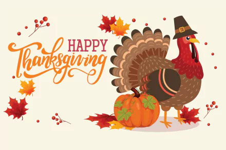 HD Thanksgiving holiday desktop wallpaper featuring a cheerful turkey, pumpkins, and colorful autumn leaves with Happy Thanksgiving text.