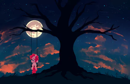 HD PC desktop wallpaper: Pinkie Pie from the TV show My Little Pony: Friendship Is Magic stands by a moonlit tree with a hanging swing beneath a starry, cloud-streaked night sky.