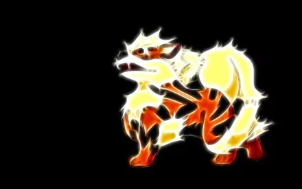 A glowing, stylized Arcanine, the fire Pokémon, set against a black background in an HD anime-inspired desktop wallpaper.