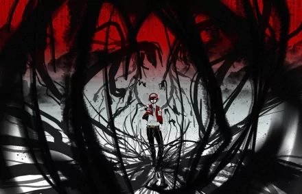 A dramatic HD background featuring Red from Pokémon, surrounded by twisting black forms against a striking red and white backdrop, capturing a dynamic anime-inspired aesthetic.