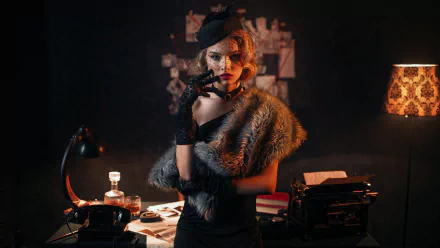Vintage-style HD desktop wallpaper featuring Anastasia Sultanov as a model, posing elegantly in dark, classic attire with a fur stole and retro accessories.
