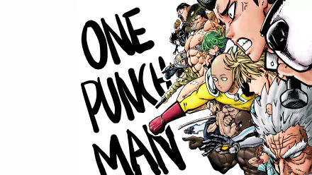4K Ultra HD anime wallpaper featuring the cast of One-Punch Man in dynamic poses against a white background with bold black text.