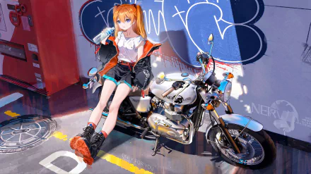 HD anime wallpaper featuring Asuka Langley Sohryu from Neon Genesis Evangelion sitting casually on a motorcycle against an urban graffiti backdrop.