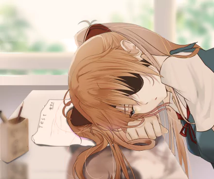 Asuka Langley Sohryu from Neon Genesis Evangelion resting her head on a desk, rendered in 4K Ultra HD anime style for a PC desktop wallpaper.