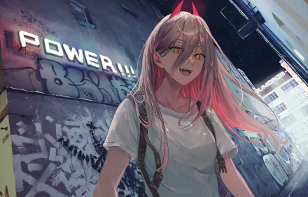 HD desktop wallpaper featuring Power from the anime Chainsaw Man, standing confidently in a graffiti-filled alley with the word POWER lit up in the background.