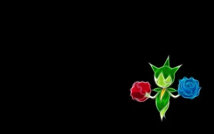 HD PC desktop wallpaper of Roselia, the Grass-type Pokémon, neon anime style with glowing red and blue roses against a black background.