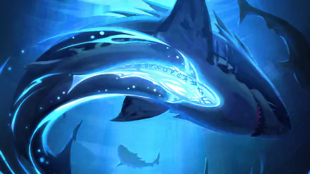 A glowing fantasy sea monster shark swimming in deep blue waters, rendered in stunning 4K Ultra HD for a vivid PC desktop wallpaper.