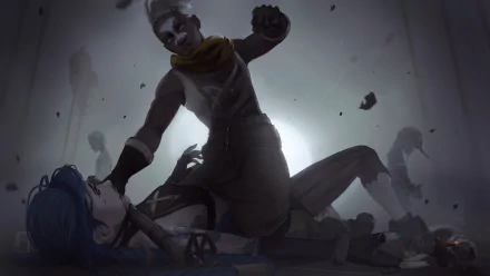 HD PC desktop wallpaper featuring Ekko and Jinx from the TV show Arcane, based on League of Legends, depicted in a dark, intense scene.