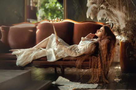 long hair redhead model sofa woman mood HD Desktop Wallpaper | Background Image