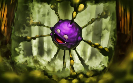 HD PC desktop wallpaper featuring Koffing from the Pokémon anime, depicted with multiple extended limbs in a vibrant forest setting.