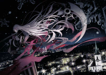 HD PC desktop wallpaper featuring Mori Calliope from Hololive as an anime-style virtual YouTuber against a starry night cityscape.