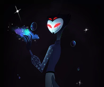 Stolas (Helluva Boss) — masked blue demon holding a glowing galaxy and floating bubbles against a dark starry backdrop; HD PC desktop wallpaper/background from the TV show.
