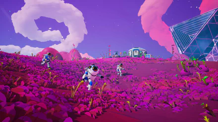 Astroneer video game 4K Ultra HD PC desktop wallpaper: astronauts traverse a vibrant pink alien field toward a domed base and crystalline structure under swirling purple-pink skies.
