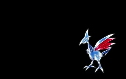 HD anime-style PC wallpaper of glowing Skarmory, the Flying/Steel Pokémon, in neon blue and red against a black background.