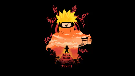 4K Ultra HD anime wallpaper featuring Naruto Uzumaki in Sage Mode with glowing red chakra symbols against an orange sky backdrop and silhouette elements.