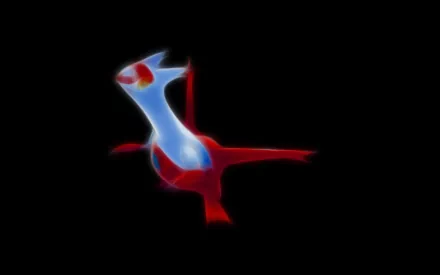 HD PC desktop wallpaper featuring the legendary Pokémon Latias from the Pokémon anime, glowing with blue and red neon effects on a black background.