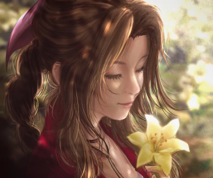 HD PC desktop wallpaper: Anime portrait of Aerith Gainsborough (Final Fantasy VII), eyes closed, soft sunlight on her face and braided hair, gently holding a glowing yellow flower.