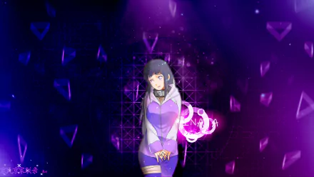 4K Ultra HD anime wallpaper featuring Hinata Hyuga from Naruto, set against a vibrant purple geometric background with glowing effects for PC desktop use.