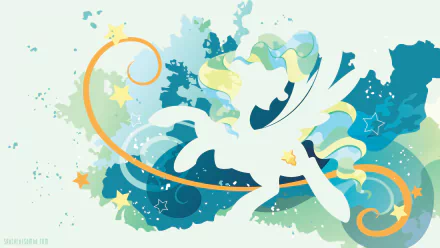 Minimalist 4K UHD wallpaper of Vapor Trail (My Little Pony: Friendship Is Magic): white Pegasus silhouette with flowing turquoise mane, stars and an orange vapor trail over a teal splash background.