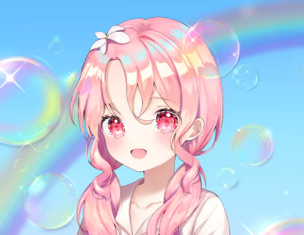 HD PC desktop wallpaper featuring My Melody from the anime Onegai My Melody, showcasing her with pink hair, sparkling eyes, and a vibrant, bubble-filled background.