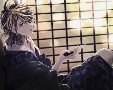 HD PC desktop wallpaper featuring Kazutora Hanemiya from the anime Tokyo Revengers, depicted in a contemplative pose against a traditional shoji screen background.