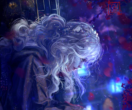 HD PC desktop wallpaper of Solus Zos Galvus from the video game Final Fantasy XIV, featuring a detailed profile with flowing white hair against a vibrant, cosmic background.