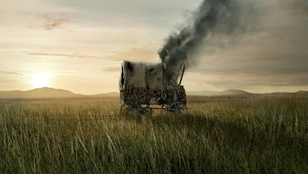 Covered Conestoga wagon trailing smoke across grassy plains at sunrise — TV show '1883' 2K Quad HD PC desktop wallpaper/background.