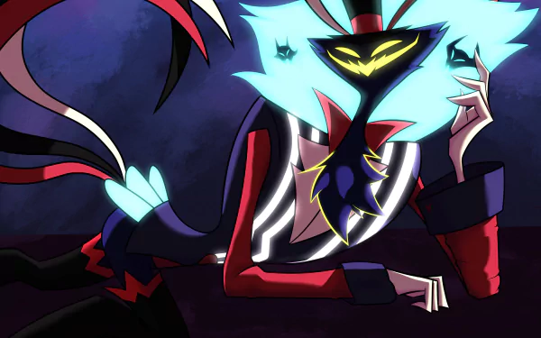 HD desktop wallpaper featuring Asmodeus from the TV show Helluva Boss, showcasing his vibrant colors and distinctive demonic design.